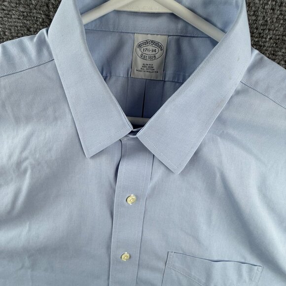 Brooks Brothers Slim Blue Non-Iron Cotton 17.5 34 Button Up Shirt Men Adult - Picture 7 of 16